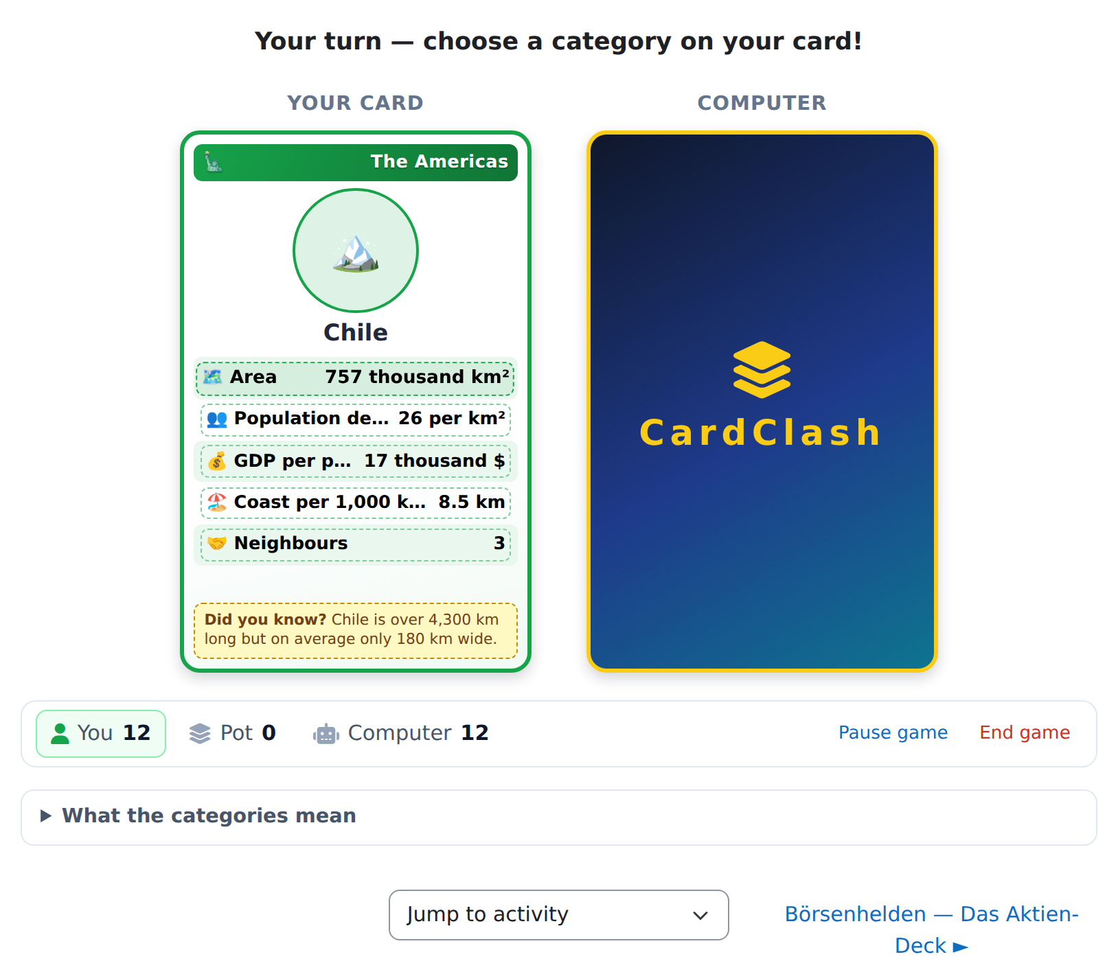 The Card Clash game board: your Japan card beside the face-down computer card, with the five categories to choose from